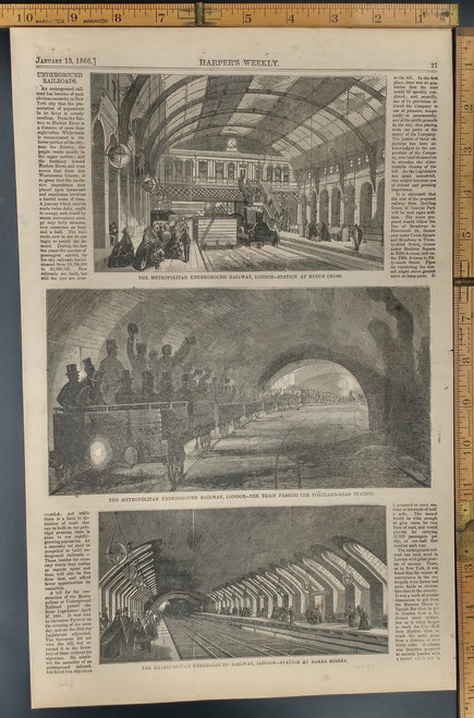 Underground Railroad, Early subway system. The metropolitan underground railway, London. Train passing Portland road station. London station at Kings cross and Baker Street. Original Antique Engraving AKA Print from 1866.