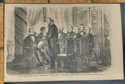 The first cabinet meeting under the administration of Andrew Johnson at the Treasury. Original Antique Civil War Engraving AKA Print from 1865.