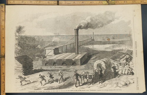 Destruction of a rebel salt factory, on the coast of Florida by the crew of the United States park Kingfisher. Original Antique Civil War Engraving AKA Print from 1862.