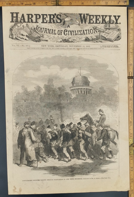 Convalescent soldiers passing through Washington to join their regiment. Original Antique Civil War Engraving AKA Print from 1862.