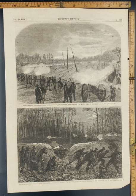 The campaign in Georgia, Robinson's Brigade, of hookers corps saving the fifth Indiana Battery. Cannons in action. Original Antique Civil War Engraving AKA Print from 1864.