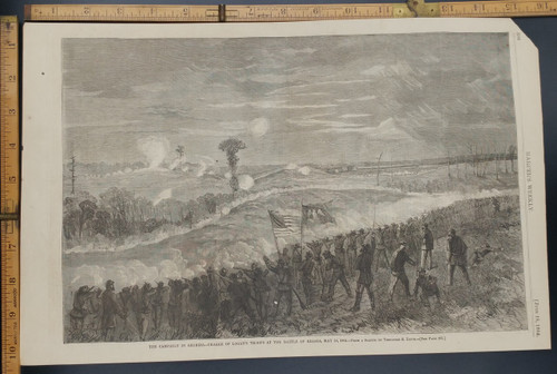 The campaign in Georgia, charge of Logan's troops at the battle of Resaca from a sketch by Theodore R Davis. Original Antique Civil War Engraving AKA Print from 1864.