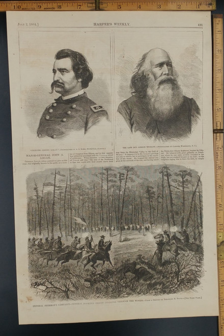 General sherman's campaign, General hookers escort charging through the woods. Major General John A. Logan from Illinois. Rev. Gordon Winslow. Original Antique Civil War Engraving AKA Print from 1864.