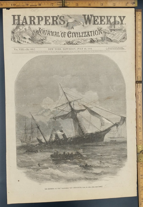 The sinking of the Alabama off Cherbourg. Lifeboats and men in the water. Original Antique Civil War Engraving AKA Print from 1864.