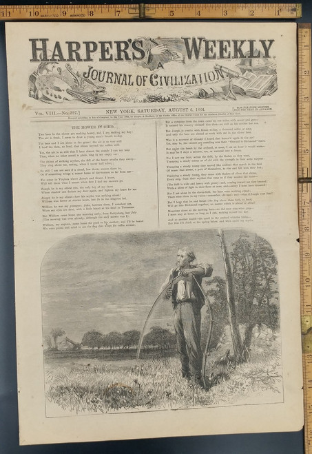 The mower in Ohio Poem, a farmer and his scythe. Original Antique Civil War Engraving AKA Print from 1864.