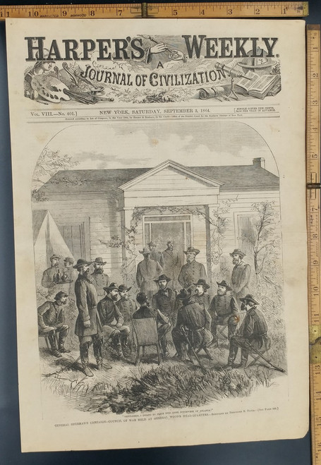 General Sherman's Campaign: Council of war held at General Wood's Head-Quarters. Original Antique Civil War Engraving AKA Print from 1864.