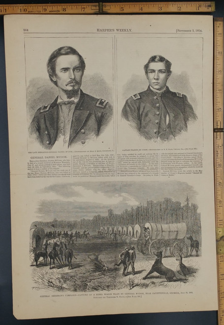 Capture of a Rebel Wagon Train by General M'Cook, near Fayetteville, Georgia. Brigadier-General M'Cook and Captain Francis De Gress. Original Antique Civil War Engraving AKA Print from 1864.