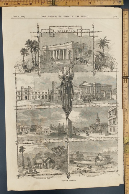 Views in Calcutta: Botanical Gardens, Esplanade Row, Episcopal Palace, Bishop's College and Princeps Ghaut. Original Antique Engraving AKA Print from 1858.