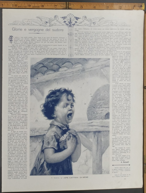 Child crying after being attacked by honey bees. Original Antique Italian Print 1918.