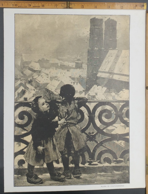 Alba di capodanno, Dawn of Eve. Two kids looking down onto the city. Original Antique Italian Print 1918.