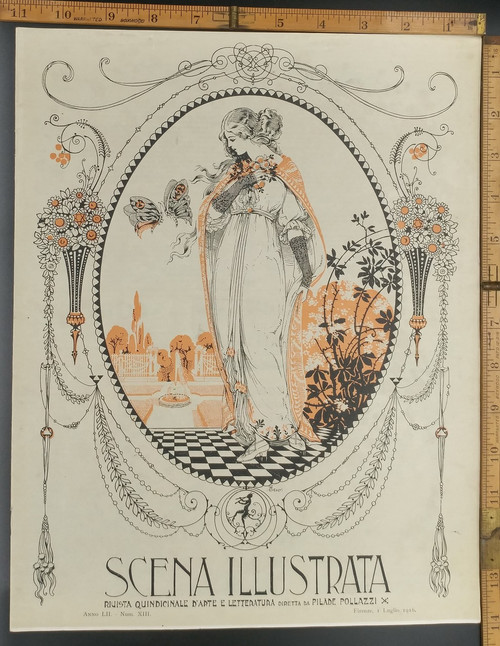 Ezio Anichini Art Nouveau. Beautiful Woman watching butterflies. Colorful Flowers. Original Antique Print 1916