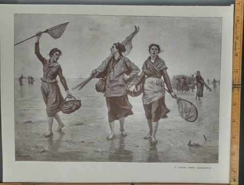 The song of the fisherman. Women with nets and baskets walking the beach. Original Antique Print 1916.
