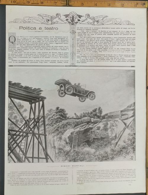 Mortal risk. Jumping a car through open air. Antique car. Original Antique Print 1916.