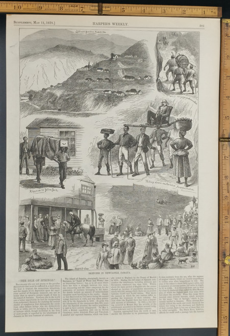 Sketches in Newcastle, Jamaica. Victim to Yellow Jack, carrying an invalid, and officers quarters. Original Antique Print 1878.