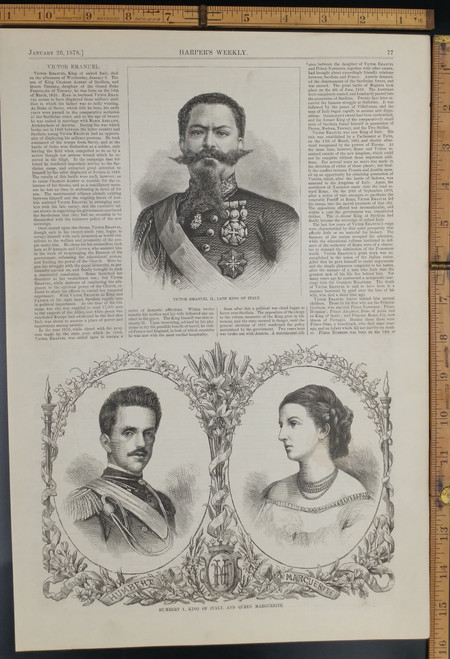 Victor Emanuel the late King of Italy. Humbert Kong of Italy and Queen Marguerite. Original Antique Print 1878.