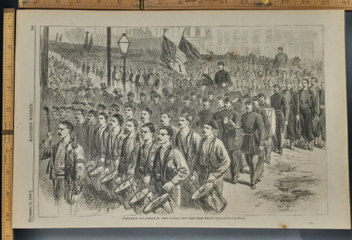 Evacuation Day: Parade of First Division, New York Stata Militia as sketched by A. R. Waud. Original Antique Print 1866.