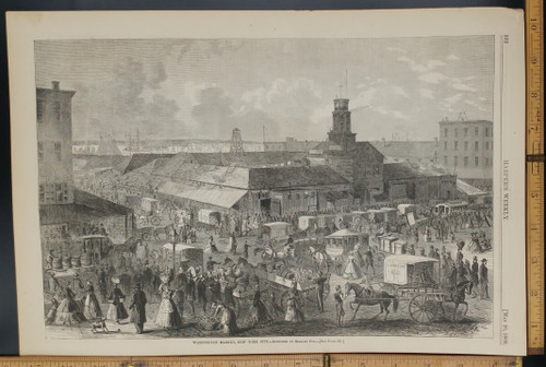 Washington Market, New York City as sketched by Stanley Fox. N.Y. street scene. Horses and wagons. Original Antique Print 1866.