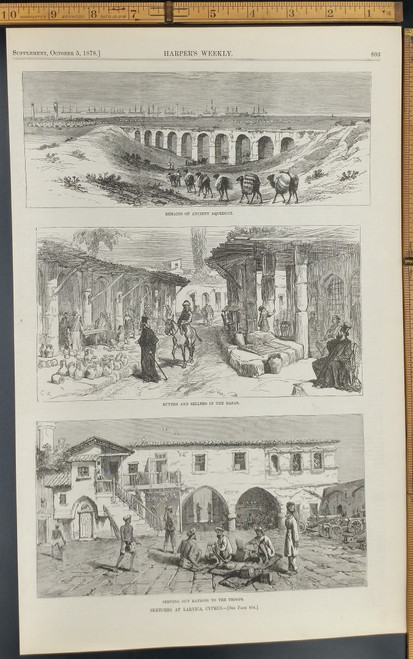 Serving out rations to the troops at Larnica, Cyprus. Remains of an Aqueduct and sellers in a Bazar. Original Antique Print 1878.