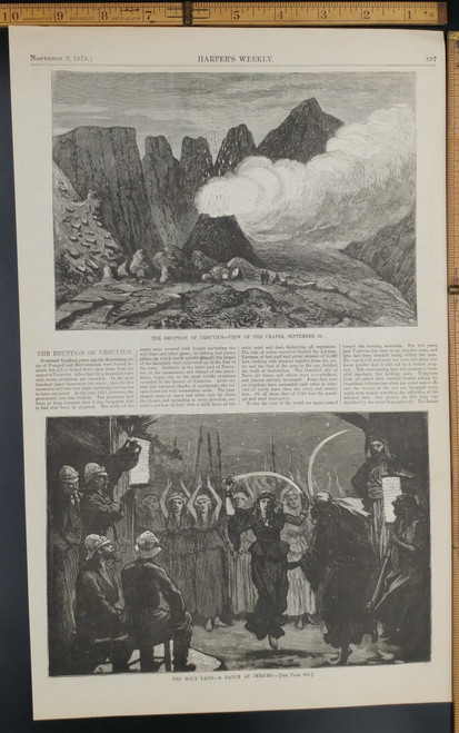 Eruption of Vesuvius, view from the crater. The Holy Land: a dance at Jericho. Original Antique Print 1878.