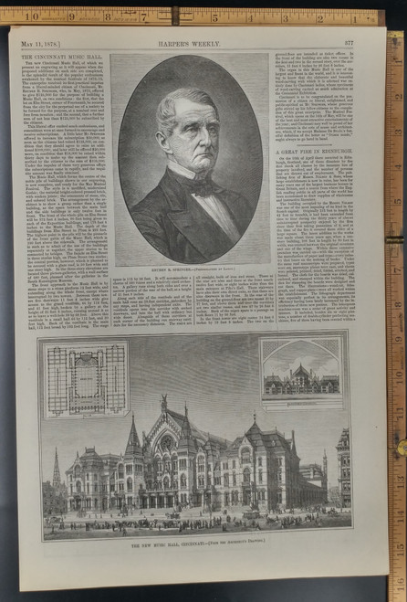 The New Music Hall, Cincinnati Ohio from architect's drawing. Reuben R. Springer. Original Antique Print 1878.