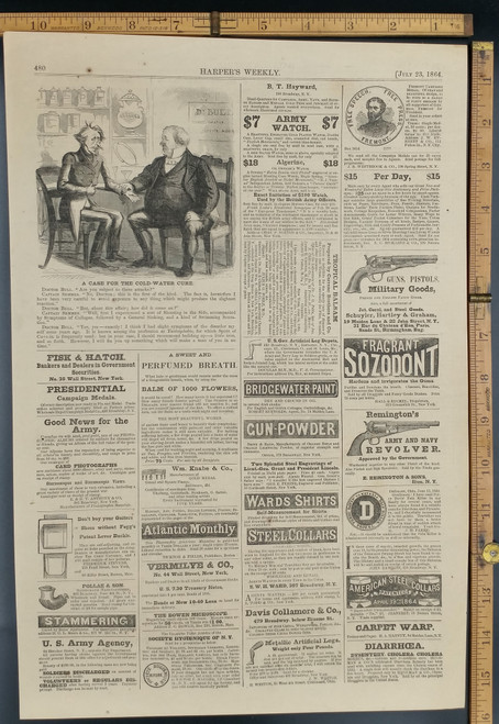 A Case for the Cold-Water Cure. Civil War advertisements: Society Hygienique of N.Y., Metallic Artificial Legs and Remington Army and Navy revolver. Original Antique Print 1864.