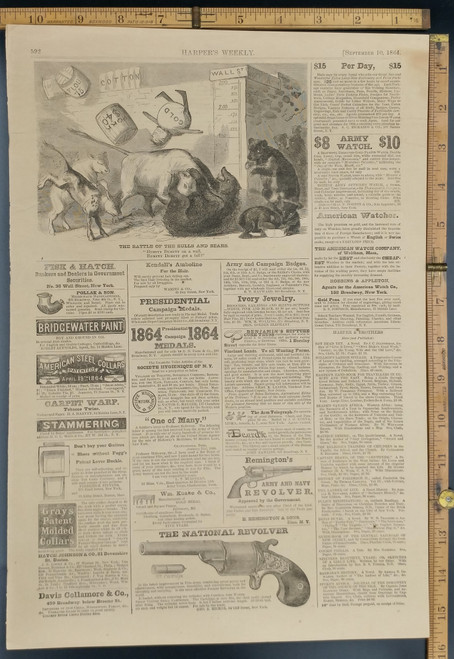 The Battle of the Bulls and Bears. Civil War advertisements: Remington Army and Navy revolver, the National Revolver and the Arm Telegraph. Original Antique Print 1864.