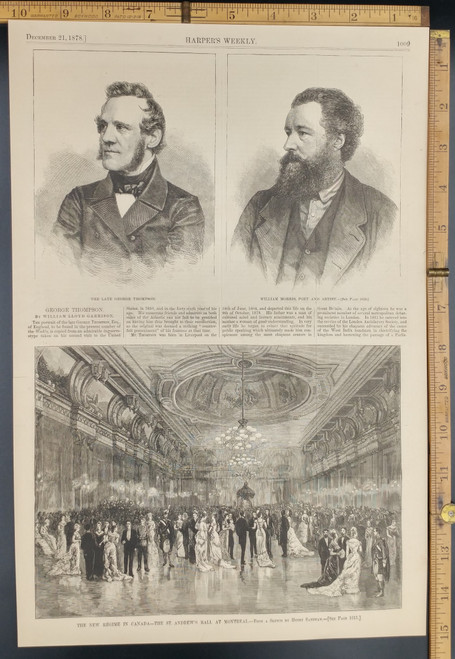 New Regime in Canada: St. Andrew's Ball at Montreal. George Thompson and Poeat and Artist William Morris. Original Antique Print 1878.