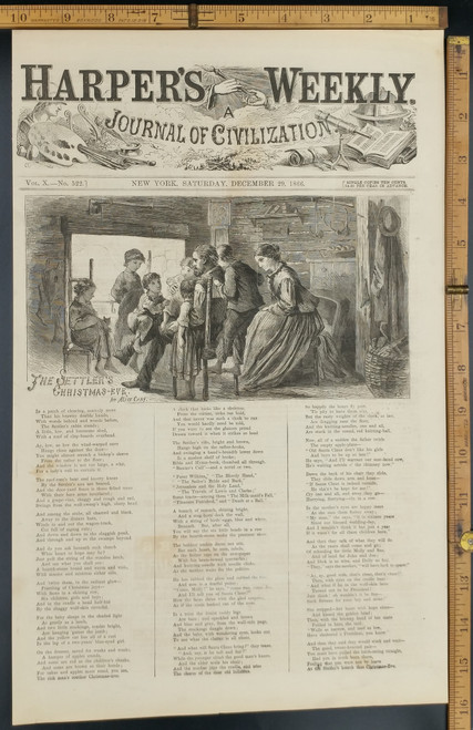 Harper's Weekly Cover The Settler's Christmas-Eve Poem by Alice Cary. Original Antique Print 1866.