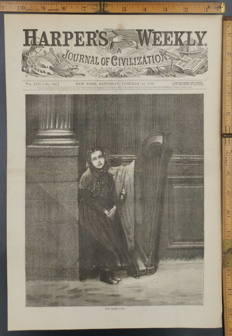 The Harp Girl. Street Musician out in the cold. Harpers Weekly. Original Antique Print 1869.