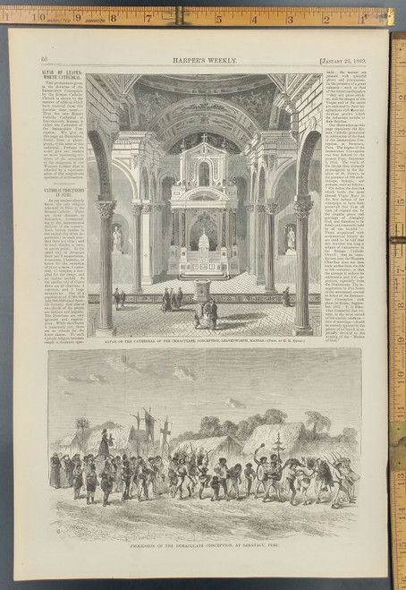 Procession of the Immaculate Conception, at Sarayacu, Peru. Altar of the Cathedral of the Immaculate Conception, Leavenworth, Kansas. Original Antique Print 1869.