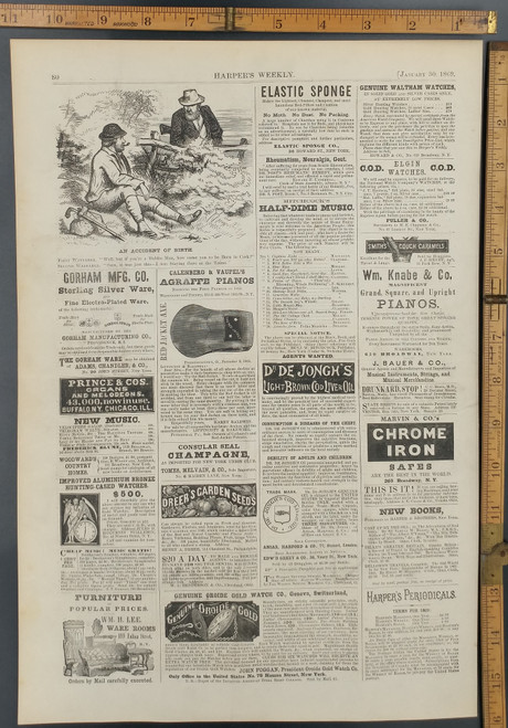 An Accident of Birth. Old Advertising: Grand Piano, Marvin and Co.'s Chrome Iron Safes and Oroide Gold Watch company. Original Antique Print 1869.