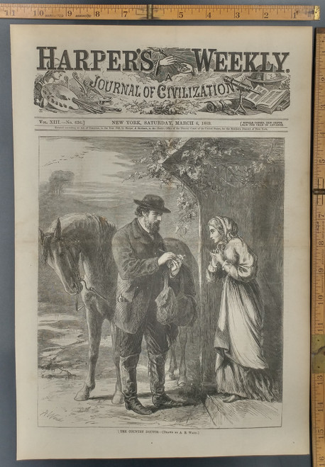 The Country Doctor drawn by A. R. Waud. Dr. with a nice horse helping a woman. Original Antique Print 1869.