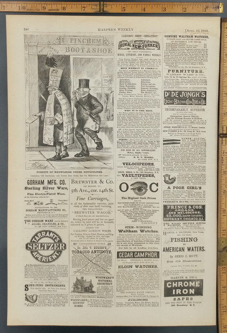 Vintage Advertising: Brewster Wagon, Elgin Watches, Velocipedes and Vaultipedes(bicycles). Pursuit of Knowledge under difficulties. Original Antique Print 1869.