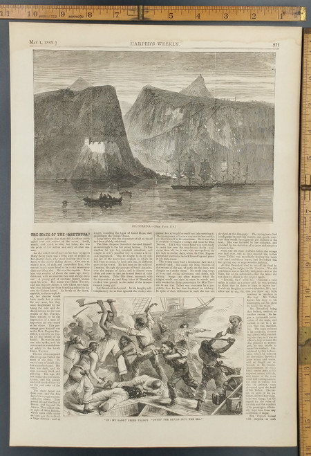 View of St. Helena. "On my lads! Cried Talbot. Sweep the Devils into the Sea." Intense battle on a ship with swords and axes. Original Antique Print 1869.