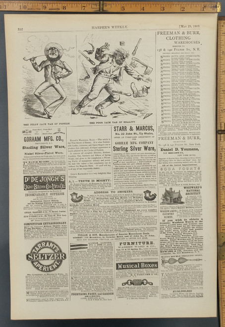 Jolly Jack Tar of Fiction vs. Reality, English Seamen. Adds for Pocket Policeman, music boxes and Elixer of Calisaya Bark. Original Antique Print 1869.