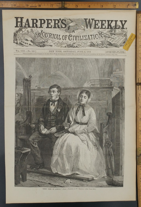 First Time of Asking from a painting by W. Hemsley. A young man and woman at church. Original Antique Print 1869.