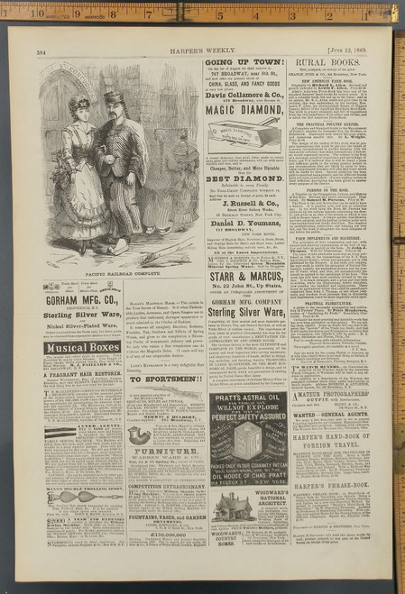 Political Cartoon, Pacific Railroad Complets. Adds for Magic Diamond, Pratt's Astral Oil and Gorham MFG, Co. Original Antique Print 1869.