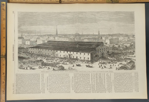 Grand Coliseum in which the National Peace Jubilee is held. City view of Boston, Massachusetts. Article on the Nipe expedition and European Vineyards. Original Antique Print 1869.