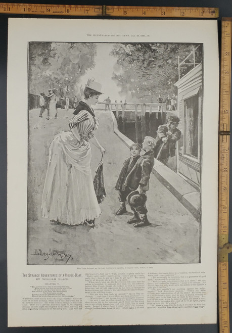 Well dressed woman talking to two boys. Original Antique Print 1888.