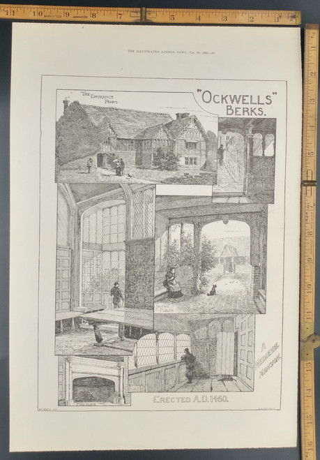 Ockwells Berks a Mediaeval Mansion: Fire-Place, porch, great hall and stair case. Original Antique Print 1888.