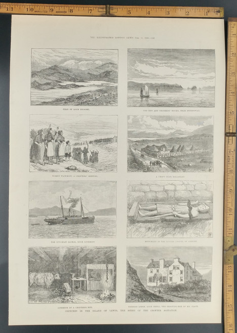 Island of Lewis, scene of the Crofter Agitation: Eishken Lodge, monument in the ruined Chapel at Aignish, croft near Ballallan, hen and chickens' rocks near Stornoway, Loch Erisort and the Gun-Boat Jackal, Loch Luirbost. Original Antique Print 1888.