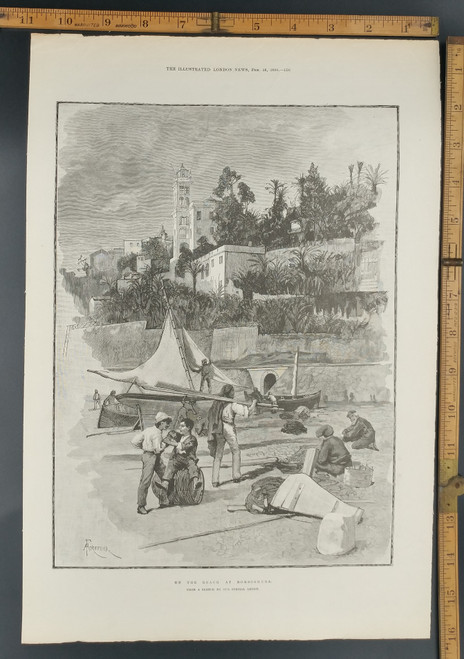 On the beach at Bordighera Argentina. Original Antique Print 1888.