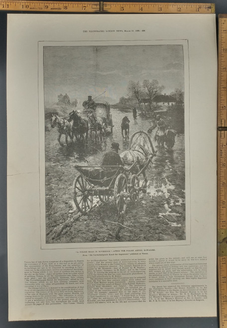"A Polish road in November." after the Polish artist, Kowalski. Horse and carriage in the mud. Original Antique Print 1888.