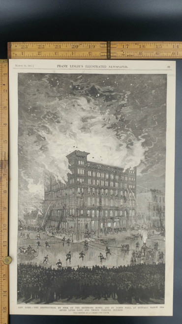 Great Fire in Buffalo New York that Destroyed the Richmond Hotel and St. James Hall from 1887. Seven Lives Were Lost and Thirty People were Injured in the Blaze. Firefighters and Horse Drawn Fire Engine.