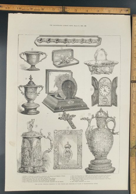 Silver wedding presents to the Prince and Princess of Wales at Marlborough House. Tiara of diamonds, Irish Silver Cups, neckless of diamonds and sapphires and a silver flagon. Original Antique Print 1888.