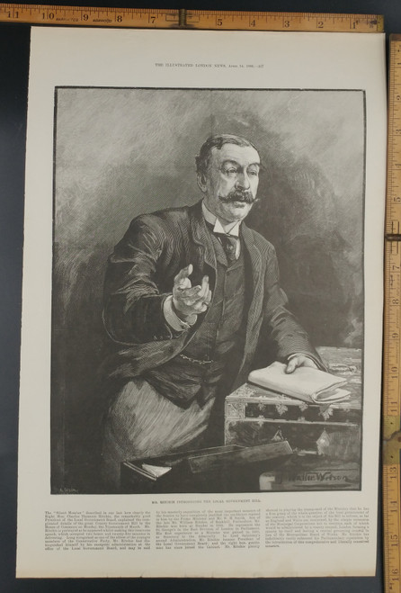 Mr. Ritchie introducing the local government bill. A victorian Era man with a handlebar mustache. Original Antique Print 1888.