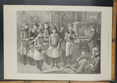 The toy symphony as drawn by E. Hopkins. Victorian children performing. Original Antique Print 1888.