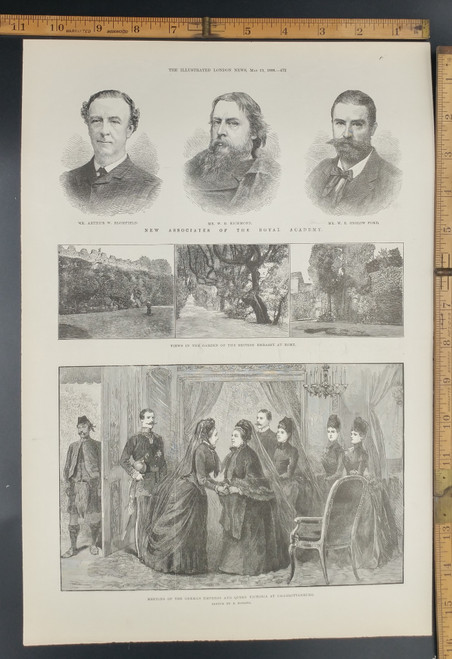 Meeting of the German Empress and Queen Victoria at Charlottenburg by E. Hosang. Views in the garden of the British Embassy at Rome. Original Antique Print 1888.