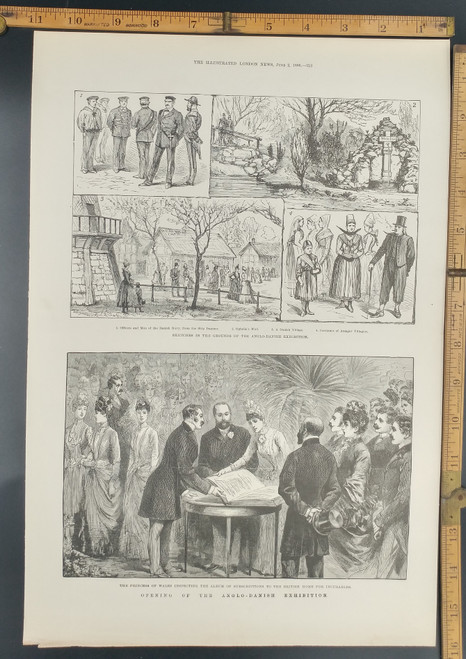 Opening of the Anglo-Danish Exhibition. Princess of Wales inspecting the album to the British home for incurables. Officers and men from the Danish Navy ship Dagmar. Ophella's Well. Amager Villagers. Original Antique Print 1888.