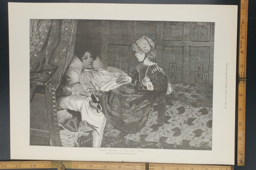 "Always Welcome." by Mrs. Alma Tadema. A woman and her daughter on a bed with a book open beside them. Original Antique Print 1888.